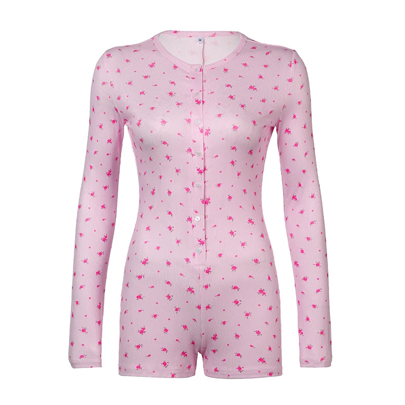 fashion Floral Print Chic Rompers for Women Aesthetic Crewneck 2000s Long Sleeves Jumpsuits Sweet Korean Harajuku Cloth