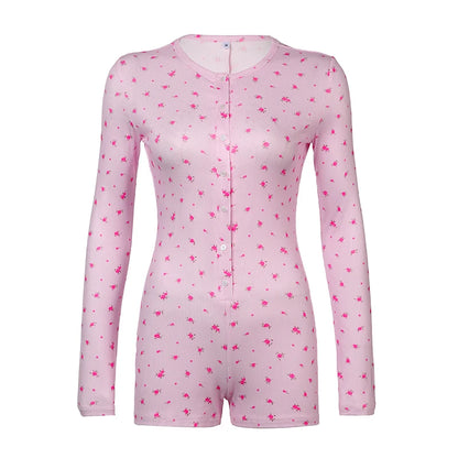 fashion Floral Print Chic Rompers for Women Aesthetic Crewneck 2000s Long Sleeves Jumpsuits Sweet Korean Harajuku Cloth