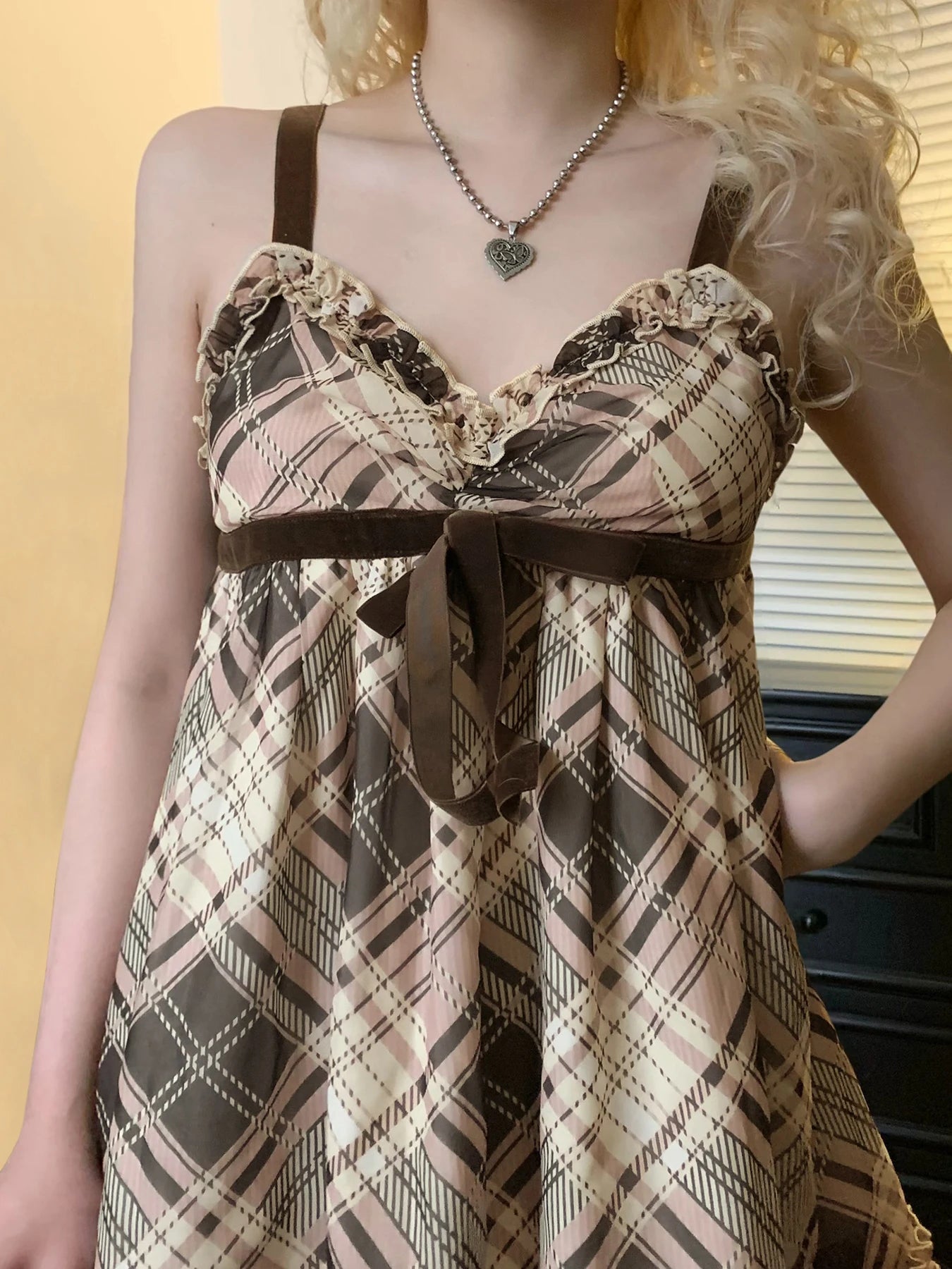 fashion Vintage Y2K Plaid Print Camisole Ruched Harajuku Aesthetic A-line Tops Sleeveless Retro Cute Korean Outfits