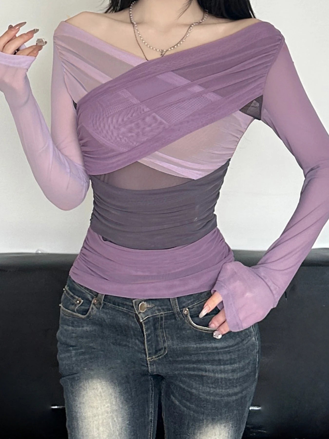 fashion Patchwork Asymmetry Slim Tee Shirts Long Sleeves V-neck Aesthetic Fashion Clothes Vintage Solid Women's Streetwear