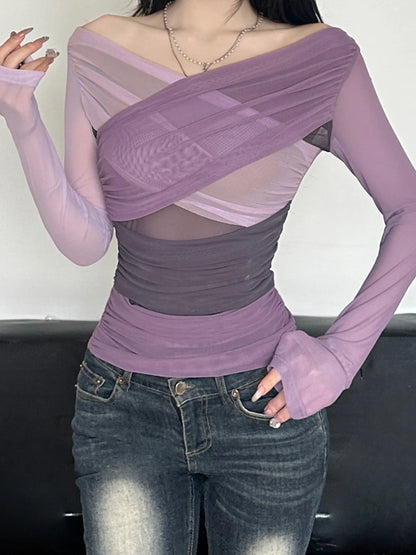 fashion Patchwork Asymmetry Slim Tee Shirts Long Sleeves V-neck Aesthetic Fashion Clothes Vintage Solid Women's Streetwear