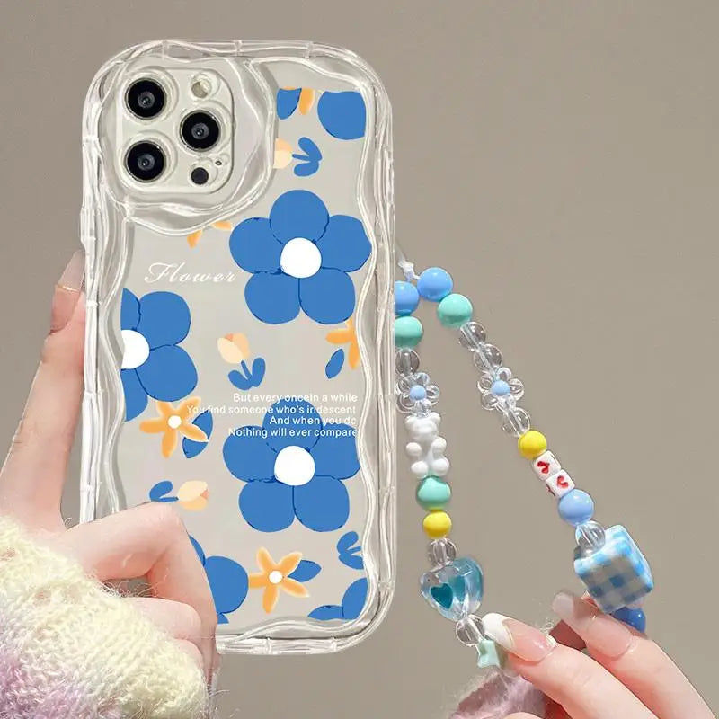 3D Flower Chain Lanyard Phone Case For Redmi Note 13 Pro Plus 5G 13C 4G Soft Wavy Edge Oil Painting Flowers Protective Cover