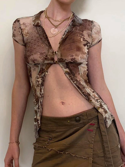fashionRetro Floral Print Lapel Slim T-shirt Hollow Out Button Vintage Chic 90s Streetwear Tees Sexy Elastic Fashion Tops