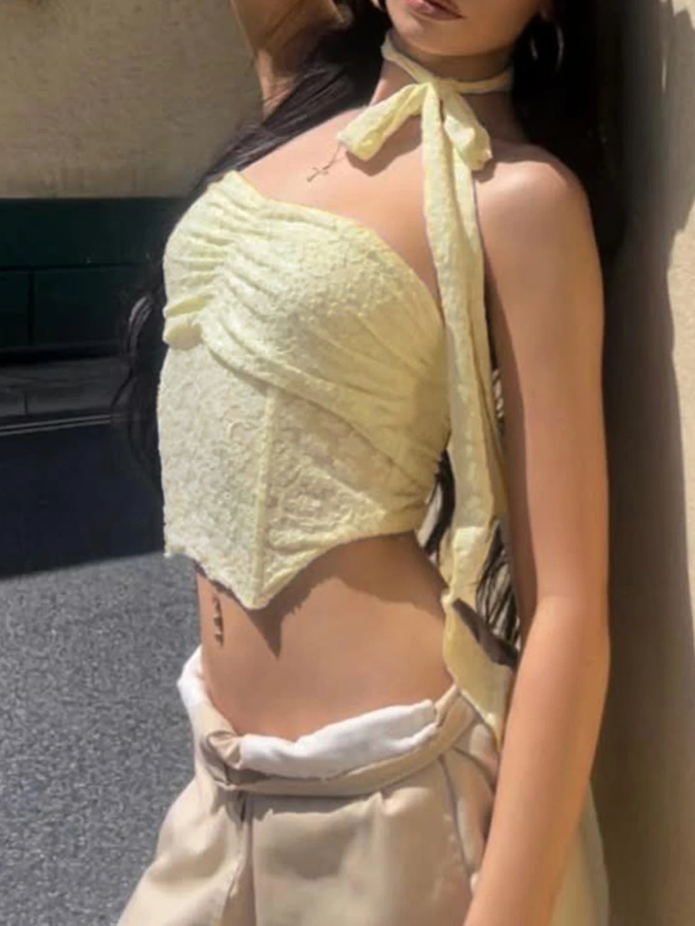 fashion Lace Corset Cropped Sexy Camisole Halter Backless Solid Slim Summer Basic Streetwear Vest Casual Hottie Fold Tops