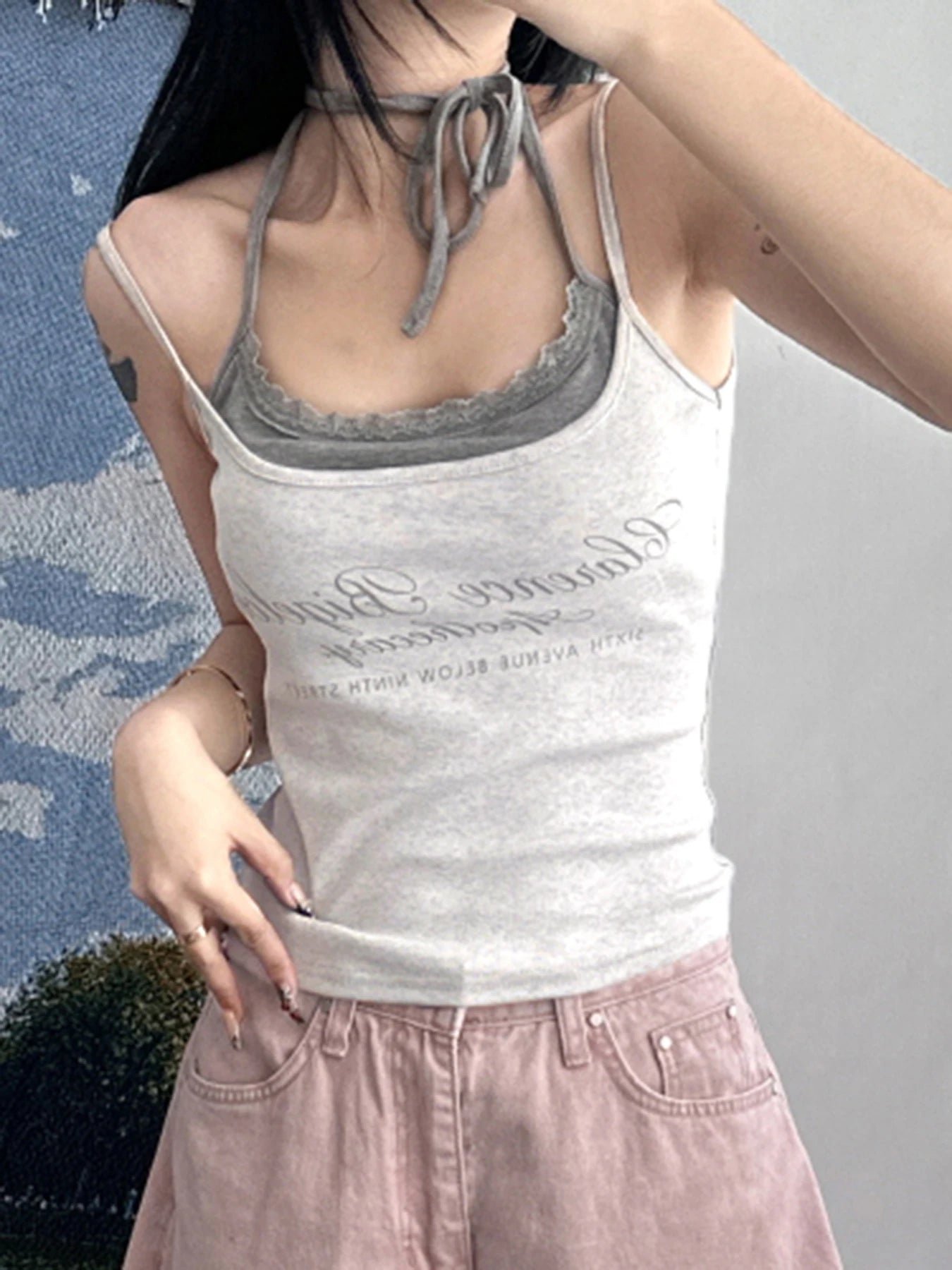 fashion Fake Two Pieces Color Contrast Camisole Backless Letter Print Slim Sexy Casual Slim Crop Top Basic Sweet Clothings