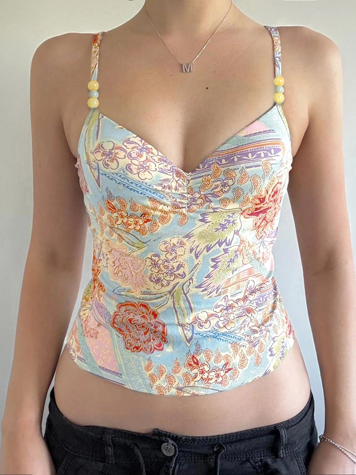 fashionFloral Print Sexy Chic Camisole Beads Vintage Streetwear Slim Backless Elastic Top Summer Hottie Aesthetic Bustier