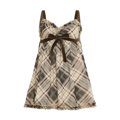 fashion Vintage Y2K Plaid Print Camisole Ruched Harajuku Aesthetic A-line Tops Sleeveless Retro Cute Korean Outfits