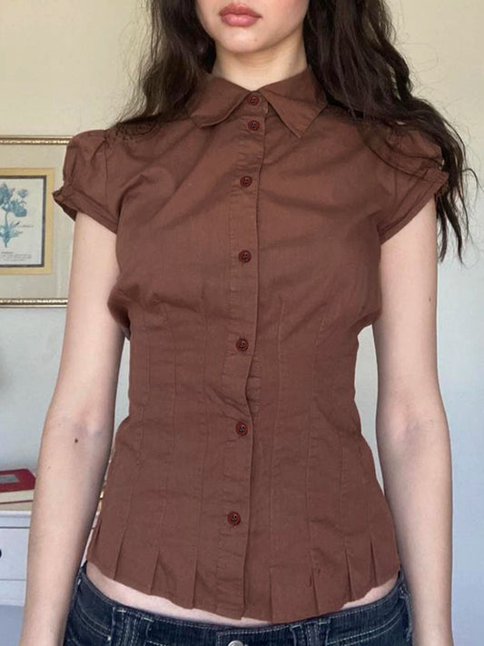 fashion Button Fold Solid Shirring T-shirt Casual Streetwear Vintage Chic Short Sleeved Summer Tees Brown 90s Slim Blouses