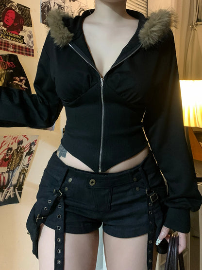 fashionZip Up Fur Neck Hoodie Coats Fashion Slim Solid Y2K Vintage Women's Jackets Casual Streetwear Chic Basics Clothes