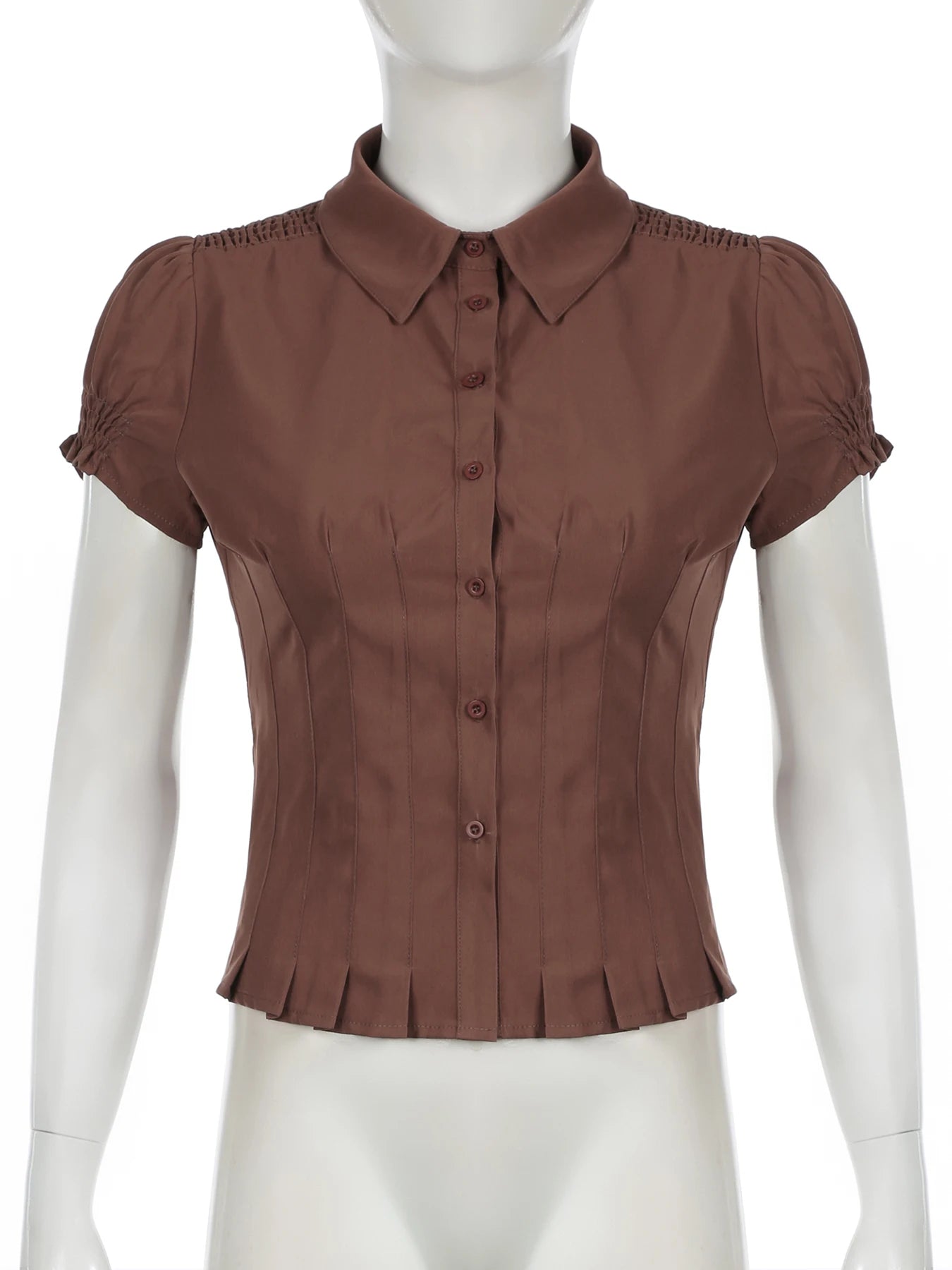 fashion Button Fold Solid Shirring T-shirt Casual Streetwear Vintage Chic Short Sleeved Summer Tees Brown 90s Slim Blouses