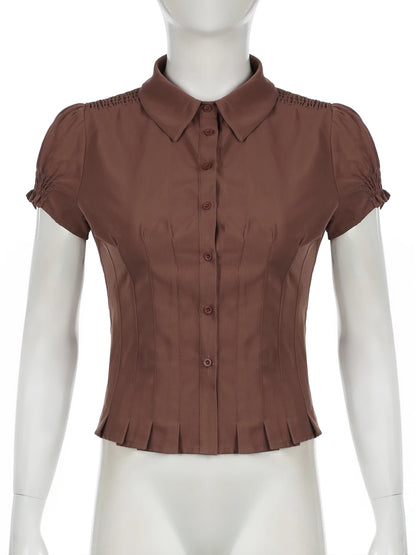 fashion Button Fold Solid Shirring T-shirt Casual Streetwear Vintage Chic Short Sleeved Summer Tees Brown 90s Slim Blouses