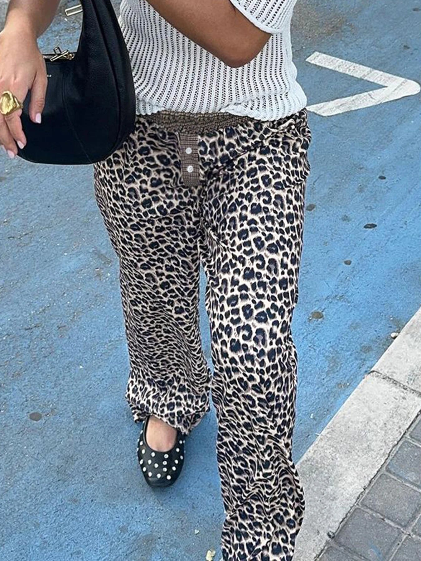 fashion Leopard Print Patchwork Straight Pants Elastic Waist Fashion Harajuku Trousers Aesthetic 2000s Casual Baggy Bottom