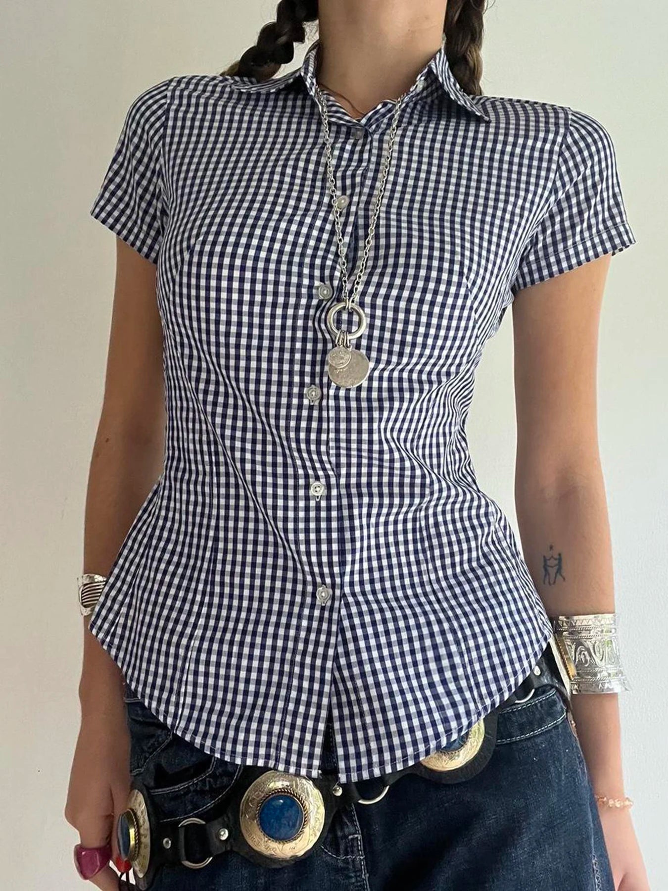 fashionPlaid Print Y2K Blouses for Women Button Up Chic Short Sleeves Outfits Tuurn-down Neck Vintage Aesthetic 2000s Top