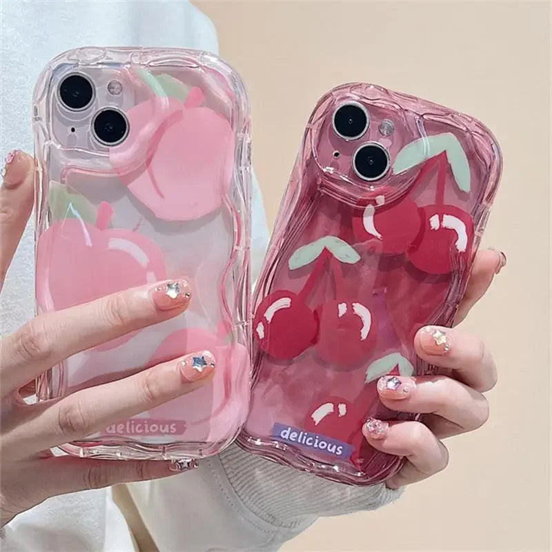 Flower Love Heart Cherry Phone Case For IPhone 16 15 Pro Max 14 11 13 12 Mini XR 8 7 Plus X XS SE 2020 2022 Soft Wavy Edge Cover
