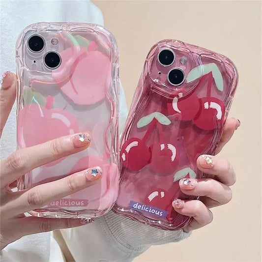 Flower Love Heart Cherry Phone Case For IPhone 16 15 Pro Max 14 11 13 12 Mini XR 8 7 Plus X XS SE 2020 2022 Soft Wavy Edge Cover