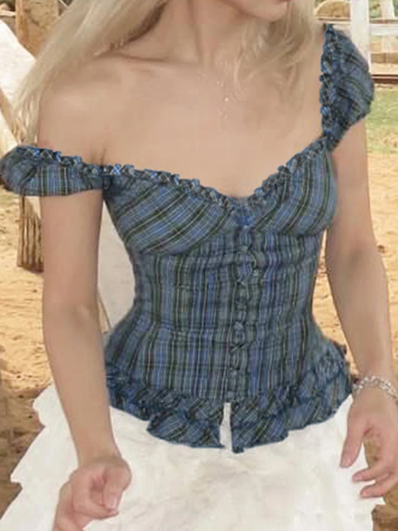 fashionFrench Plaid Print Slim Sexy Blouses Square Collar Button Chic Bodycon Hottie Top Vintage Fashion Fold Clothes