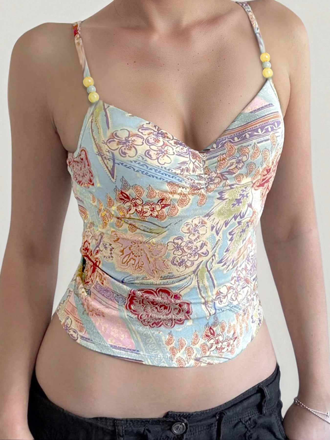 fashionFloral Print Sexy Chic Camisole Beads Vintage Streetwear Slim Backless Elastic Top Summer Hottie Aesthetic Bustier