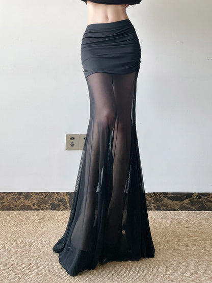 fashion Vintage Sexy Solid Mesh Skirts Low Waisted   Aesthetic Korean Outfits Clubwear Long Black Knitted Women's Bottom