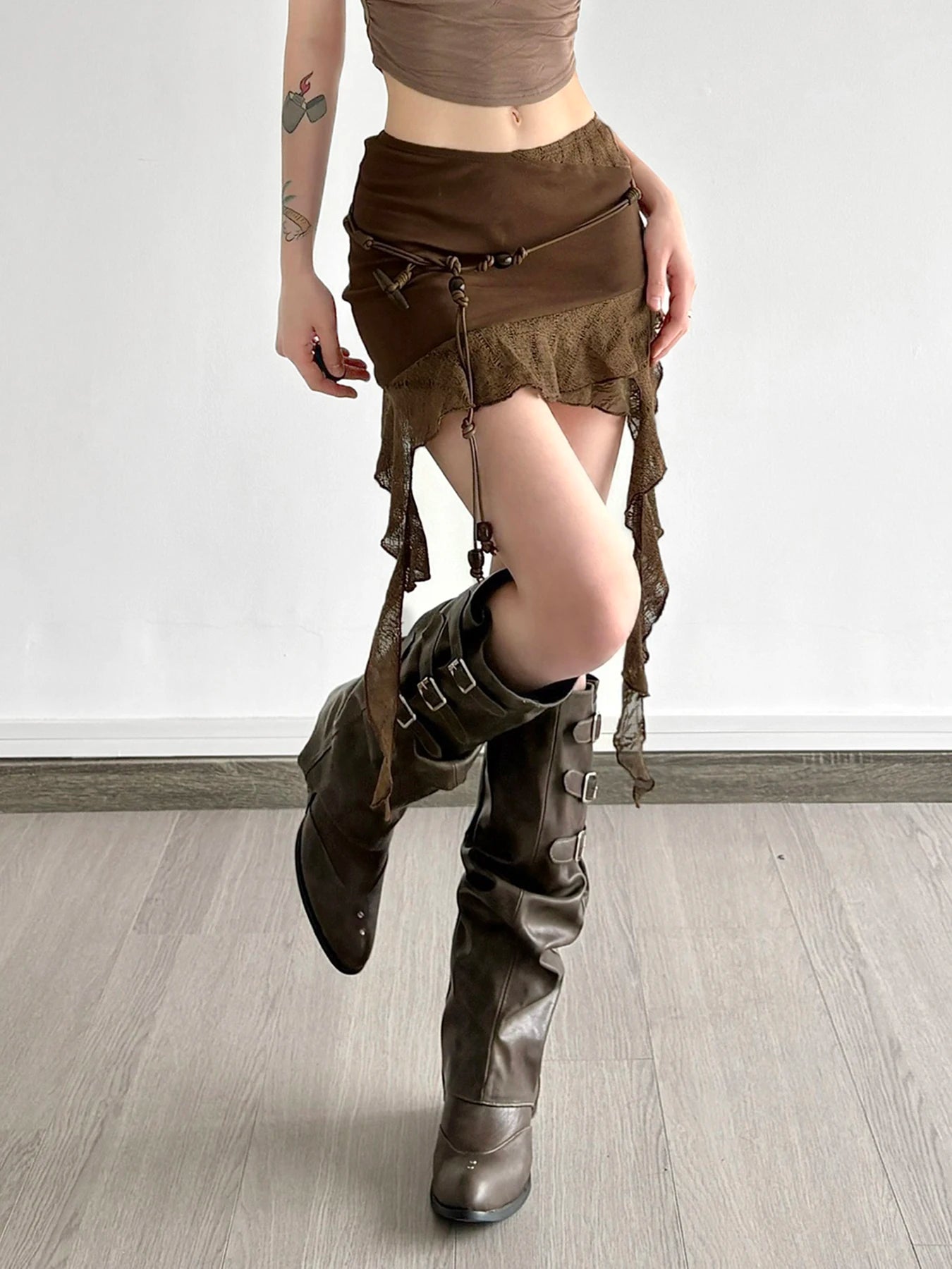 fashionIrregular Mesh Patchwork Belt Skirts Chic Fashion Vintage Retro Sexy Harajuku Clothings Hottie High Street Bottoms