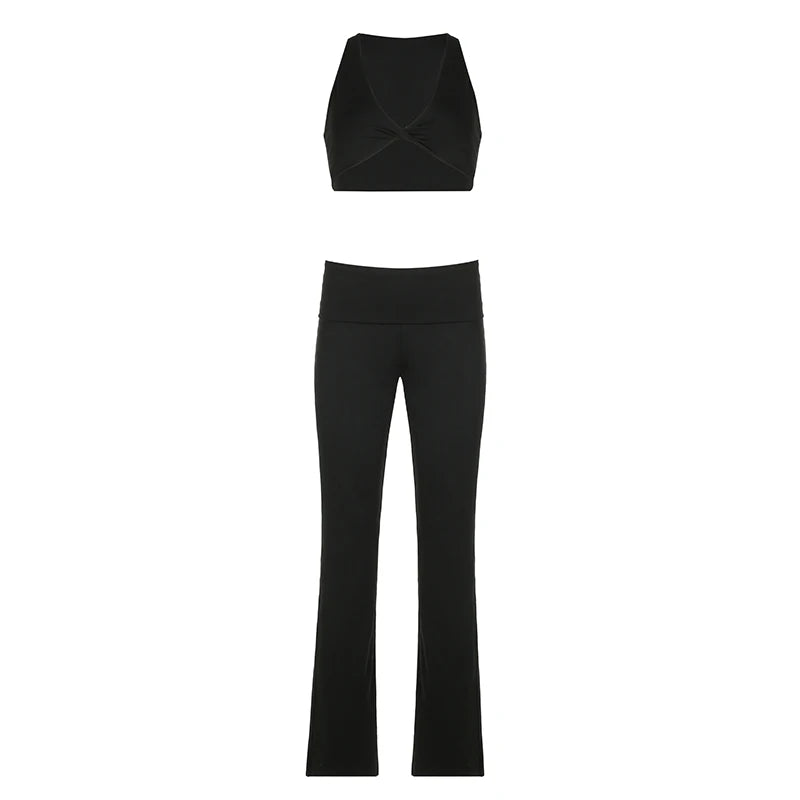 fashionCasual Yoga Solid Flare Pants Suit Streetwear Slim Sexy Sport Fashion Basic Set Vintage Bodycon Elastic Twinset