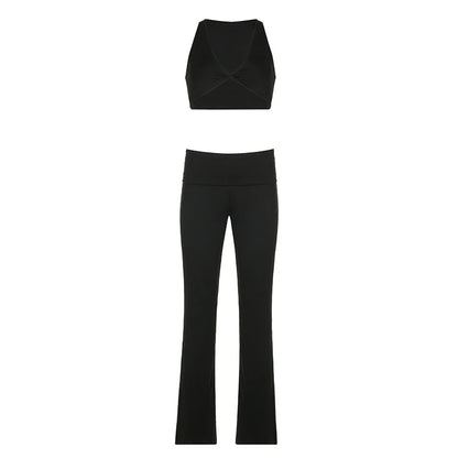 fashionCasual Yoga Solid Flare Pants Suit Streetwear Slim Sexy Sport Fashion Basic Set Vintage Bodycon Elastic Twinset