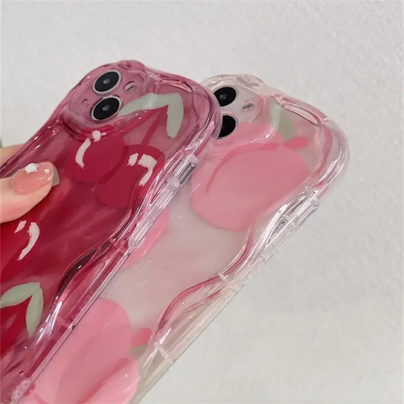 Flower Love Heart Cherry Phone Case For IPhone 16 15 Pro Max 14 11 13 12 Mini XR 8 7 Plus X XS SE 2020 2022 Soft Wavy Edge Cover