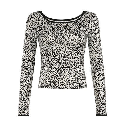 fashion Y2K Vintage Leopard Print Tee Shirts Long Sleeves Crewneck Aesthetic Cute Clothes Casual Basic Harajuku 90s Outfit