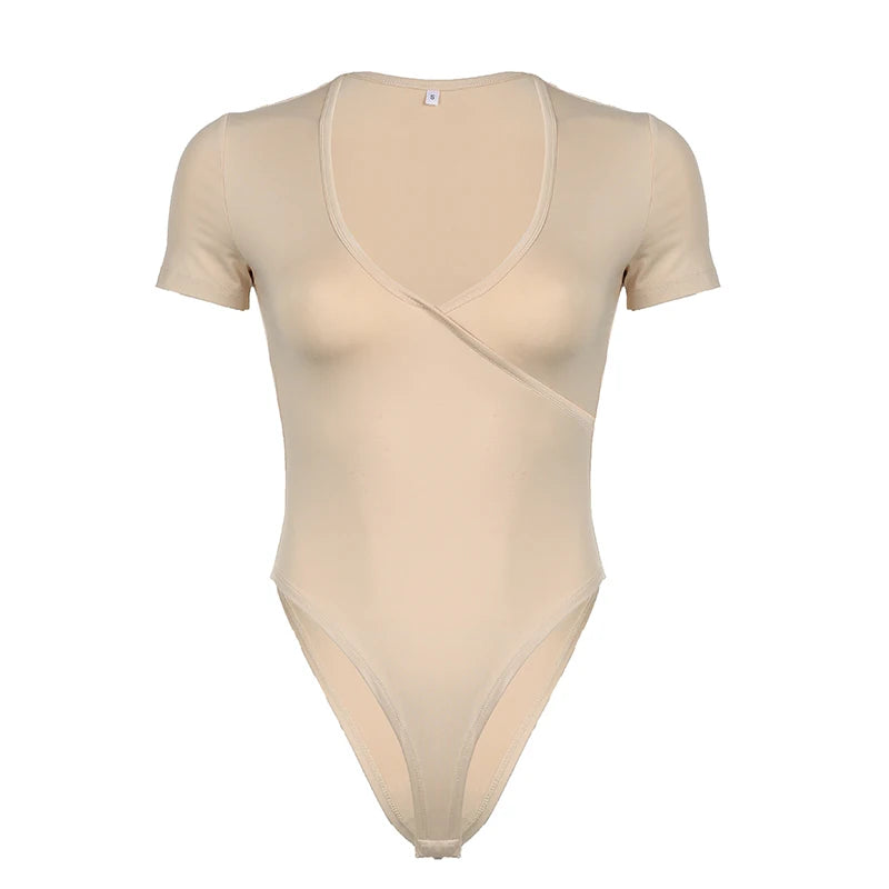 fashion V-neck Short Sleeves Bodysuits for Women Solid Aesthetic Slim Basic Outfits Fashion   90s Chic Retro Pullovers