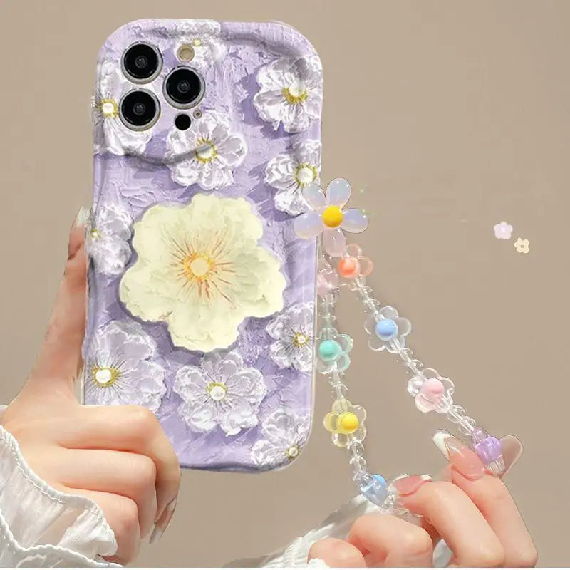 3D Flower Chain Lanyard Phone Case For Redmi Note 13 Pro Plus 5G 13C 4G Soft Wavy Edge Oil Painting Flowers Protective Cover