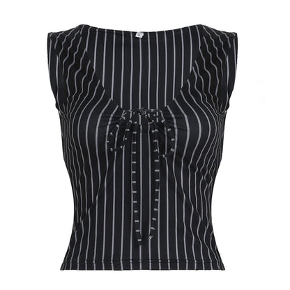fashionPolka Dot Bandage V-neck Tops Casual Streetwear Slim Stripe Hollow Out 90s Clothings Fashion Elastic Sexy Outfits