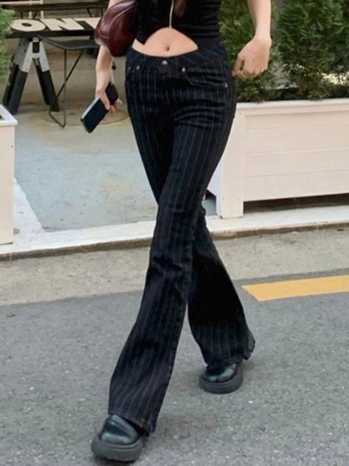 fashionStripe Slim Vintage Chic Jeans Zipper Pockets Fashion Low Waisted Button 90s Pants Streetwear All-match For Women