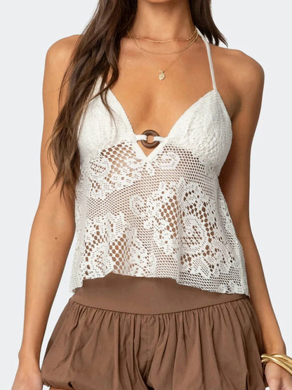fashion Boho Hollow Out Lace Camisole Halter Vacation Solid Sexy Circular Ring Vintage Clothes Basic Streetwear Chic Tops