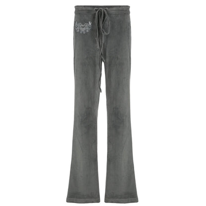 fashionRetro Rhinestone Y2K Flare Pants Lace-up Casual Streetwear Cute Bottoms Harajuku Aesthetic 2000s Women's Pants