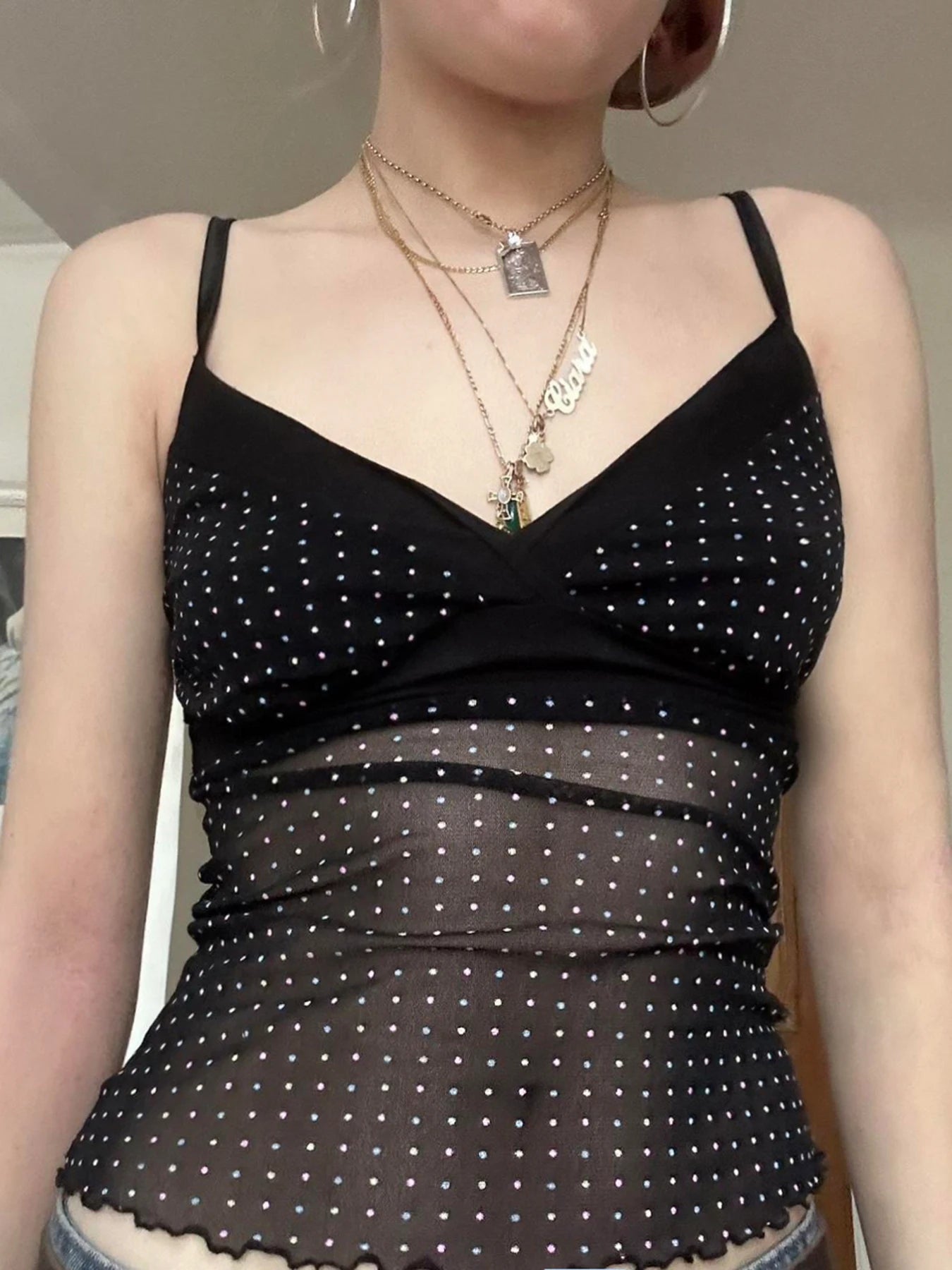 fashion Sexy Dot Print Crop Bustiers V-neck Transparent Patchwork Sleeveless Camisole Backless Summer Cute   Outfits