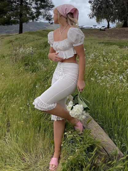 fashion Aesthetic Streetwear Basic White Middle Pants Lace Harajuku Slim Casual Elastic Bottoms Bandage Bodycon Trousers