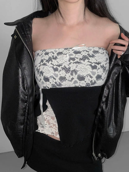 fashionLace Patchwork Slit Sweet Camisole Elastic Sexy Slim Backless Summer Sleeveless Clothings Chic Streetwear Outfits