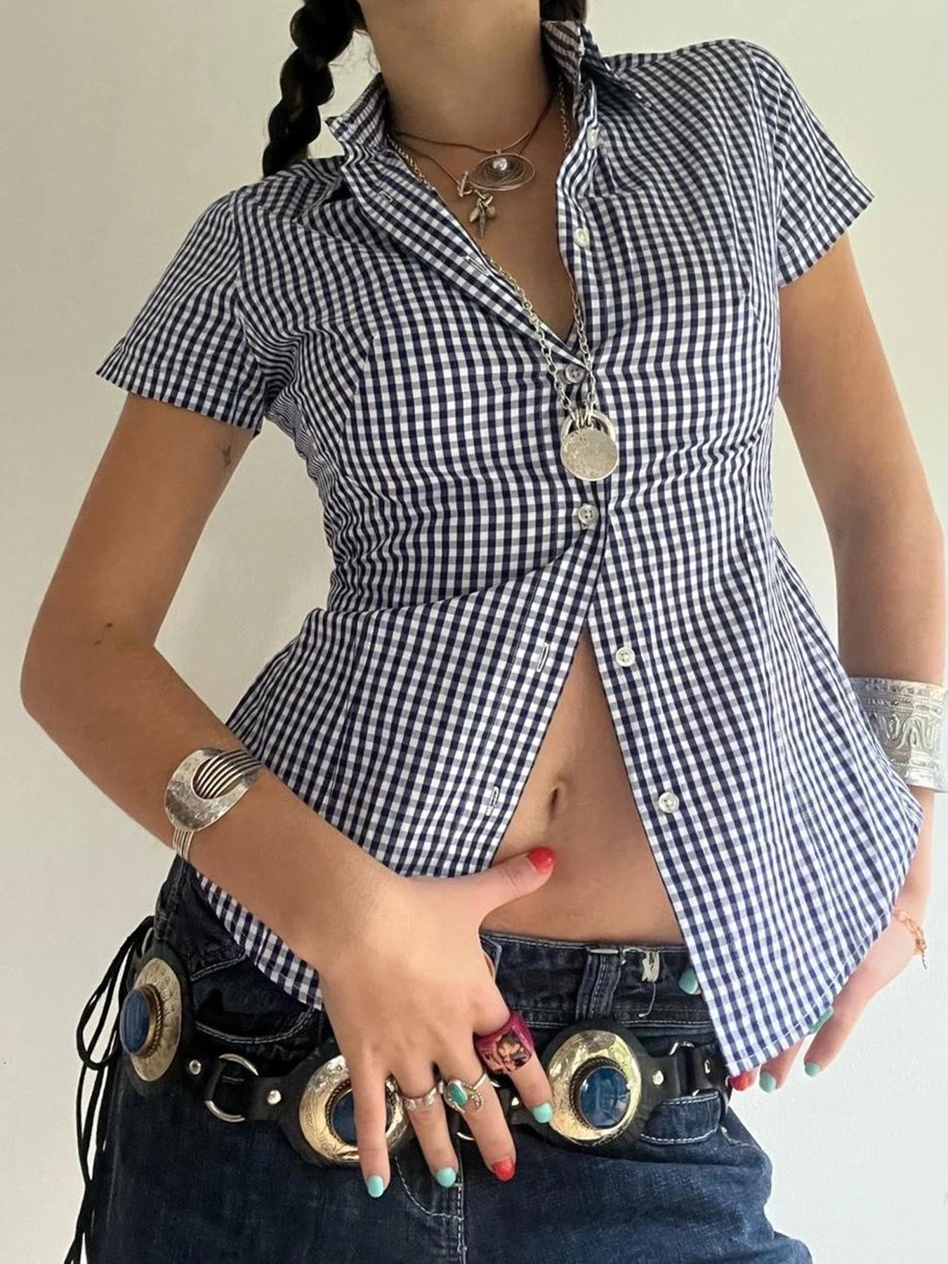 fashionPlaid Print Y2K Blouses for Women Button Up Chic Short Sleeves Outfits Tuurn-down Neck Vintage Aesthetic 2000s Top