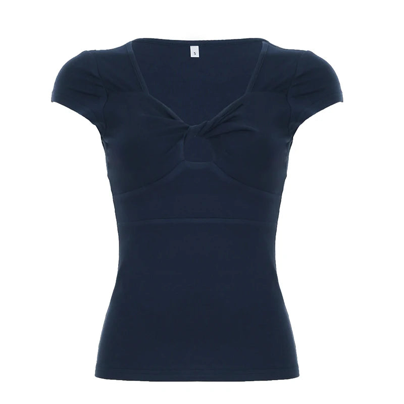 fashionTwist Square Collar Solid T-shirt Basic Vintage Hollow Out Streetwear Casual Fashion Tee Elastic Elegant Top