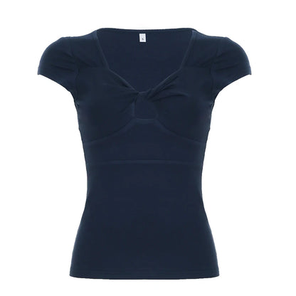 fashionTwist Square Collar Solid T-shirt Basic Vintage Hollow Out Streetwear Casual Fashion Tee Elastic Elegant Top