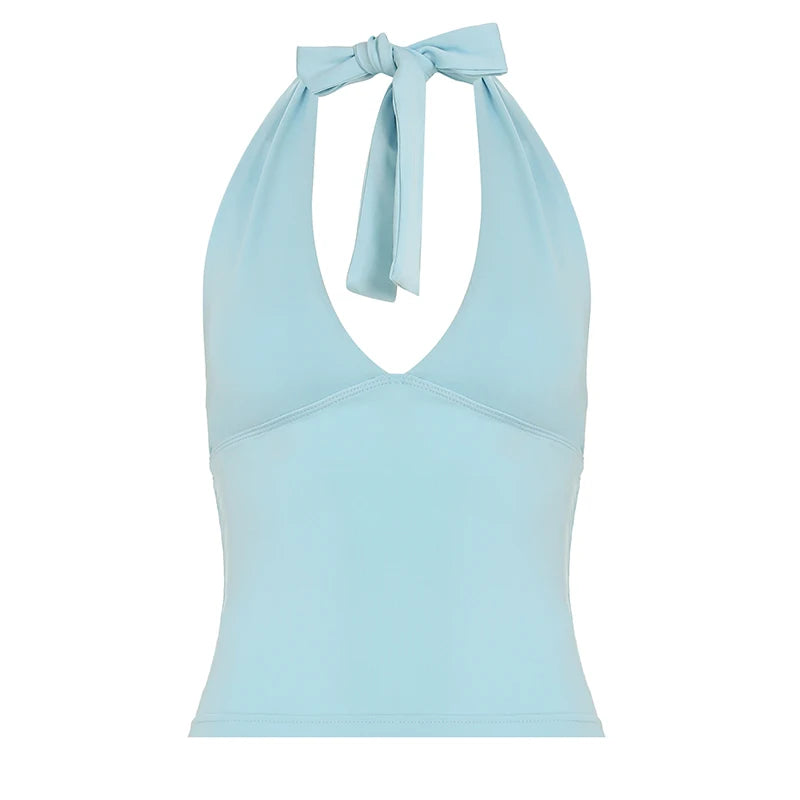 fashionSexy Deep V-neck Solid Halter Neck Backless Bow Polka Dot Elastic Bodycon Camisole Fashion Streetwear Corset Top