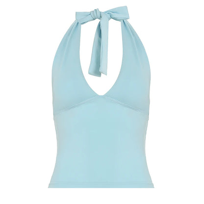 fashionSexy Deep V-neck Solid Halter Neck Backless Bow Polka Dot Elastic Bodycon Camisole Fashion Streetwear Corset Top