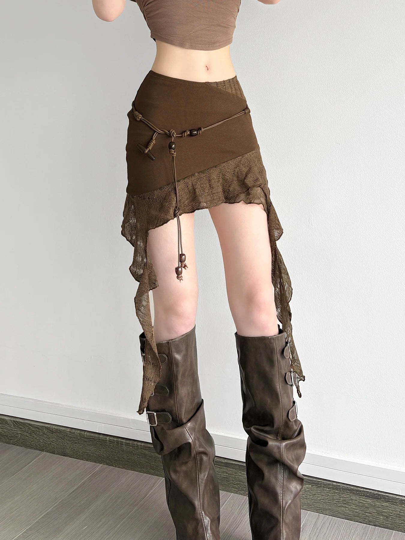 fashionIrregular Mesh Patchwork Belt Skirts Chic Fashion Vintage Retro Sexy Harajuku Clothings Hottie High Street Bottoms