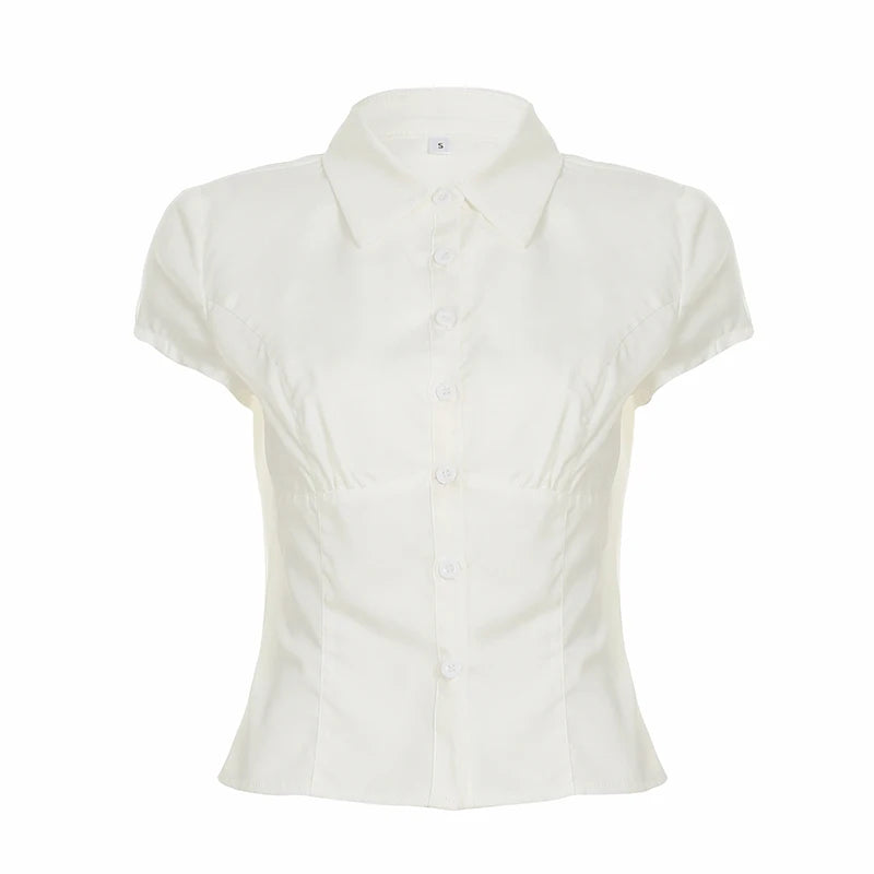 fashion Casual Solid White Crop Blouses for Women Fashion Turn-down Neck Shirts Streetwear Korean Y2K Button Up Clothings