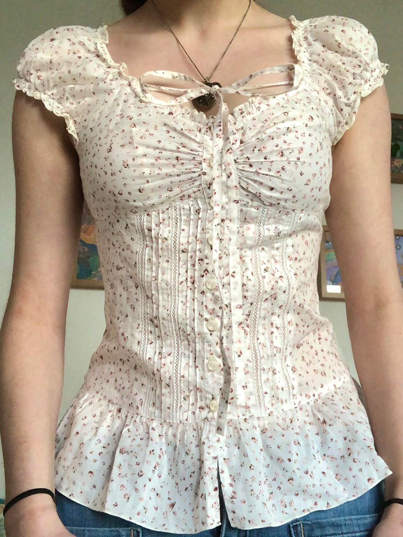 fashionFloral Print French Lace-up Fold Shirt Sexy Slim Classic Fashion Streetwear All-match Top Button Chic 90s Clothes