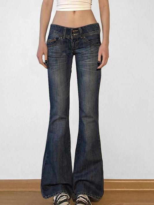 fashionFashion Low Waisted Washed Flared Jeans Button Harajuku Aesthetic Pants Streetwear Basic Slim Pockets Y2K Bottoms