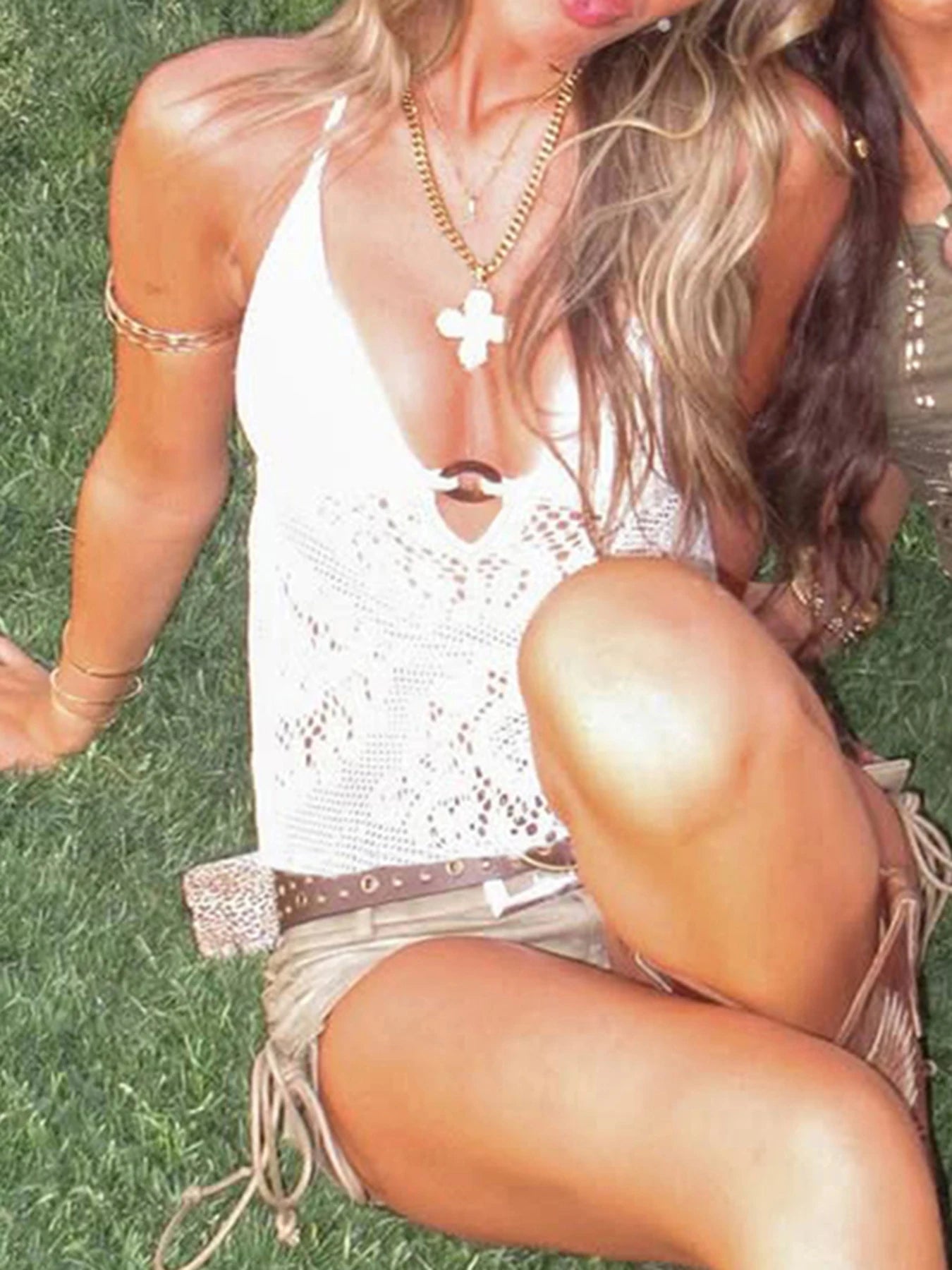 fashion Boho Hollow Out Lace Camisole Halter Vacation Solid Sexy Circular Ring Vintage Clothes Basic Streetwear Chic Tops