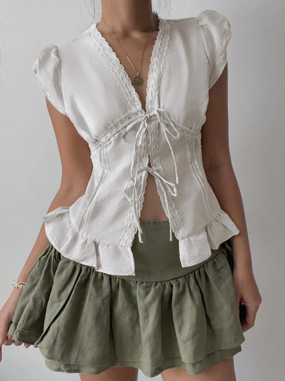 fashionCute Sexy Lace Patchwork Shirt Deep V-neck Casual White Slim Clothes Sleeveless Fashionable Women's Top