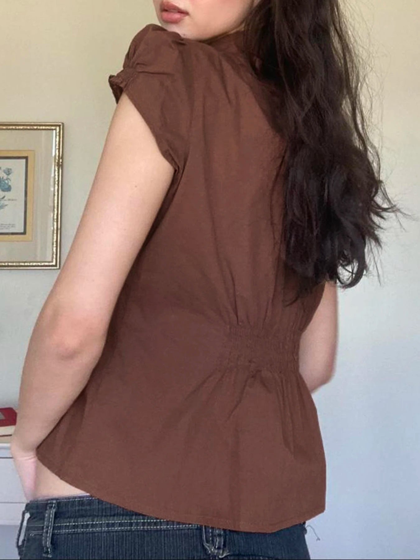 fashion Button Fold Solid Shirring T-shirt Casual Streetwear Vintage Chic Short Sleeved Summer Tees Brown 90s Slim Blouses