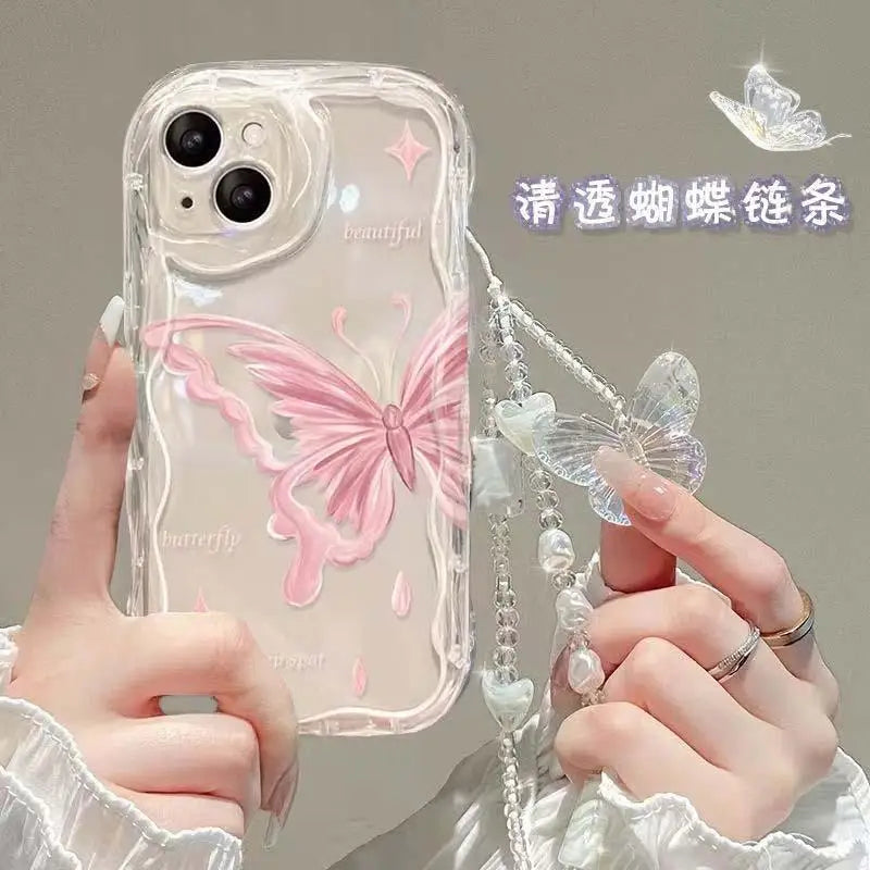 Korean Butterfly Lanyard Case For Huawei Honor 90 Lite 20 50 SE Nova 5T 11 7 9 10 P30 P40 Mate 30 40 Pro Hang Chain Clear Cover