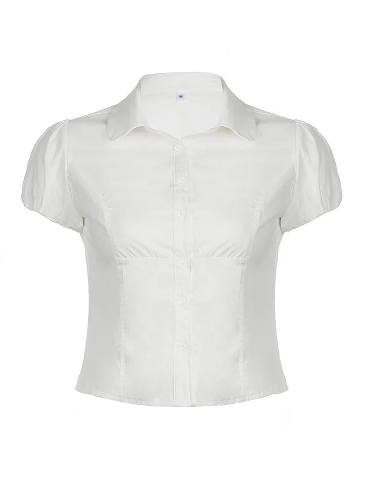 fashion Casual Solid Tee Shirts for Women Turn-down Collar Button Up Corset Blouses Korean Short Sleeves Fashion Cute Tops